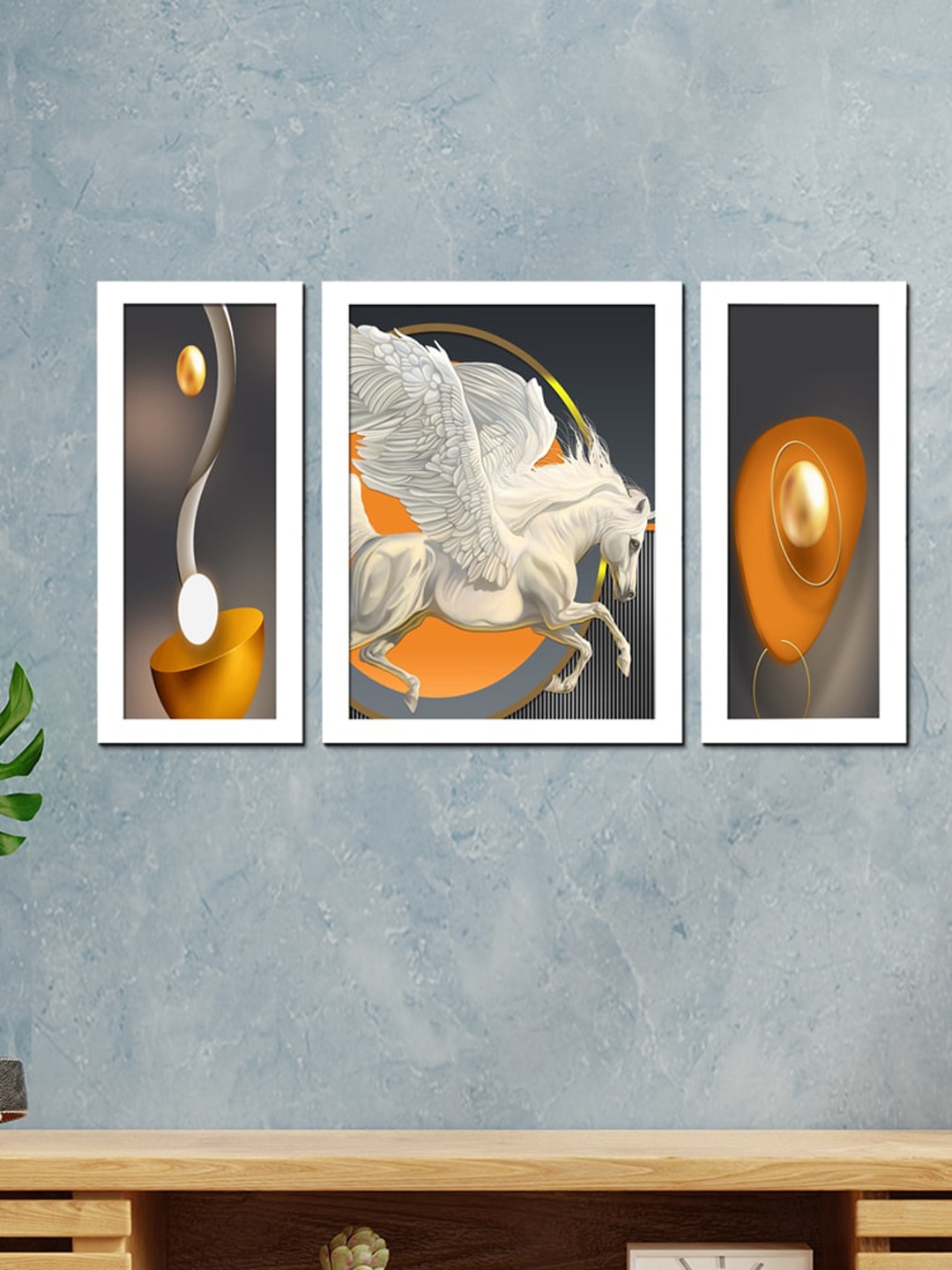 WENS Set Of 3 White & Brown Vastu Flying Horse Abstract Painting Wall Art