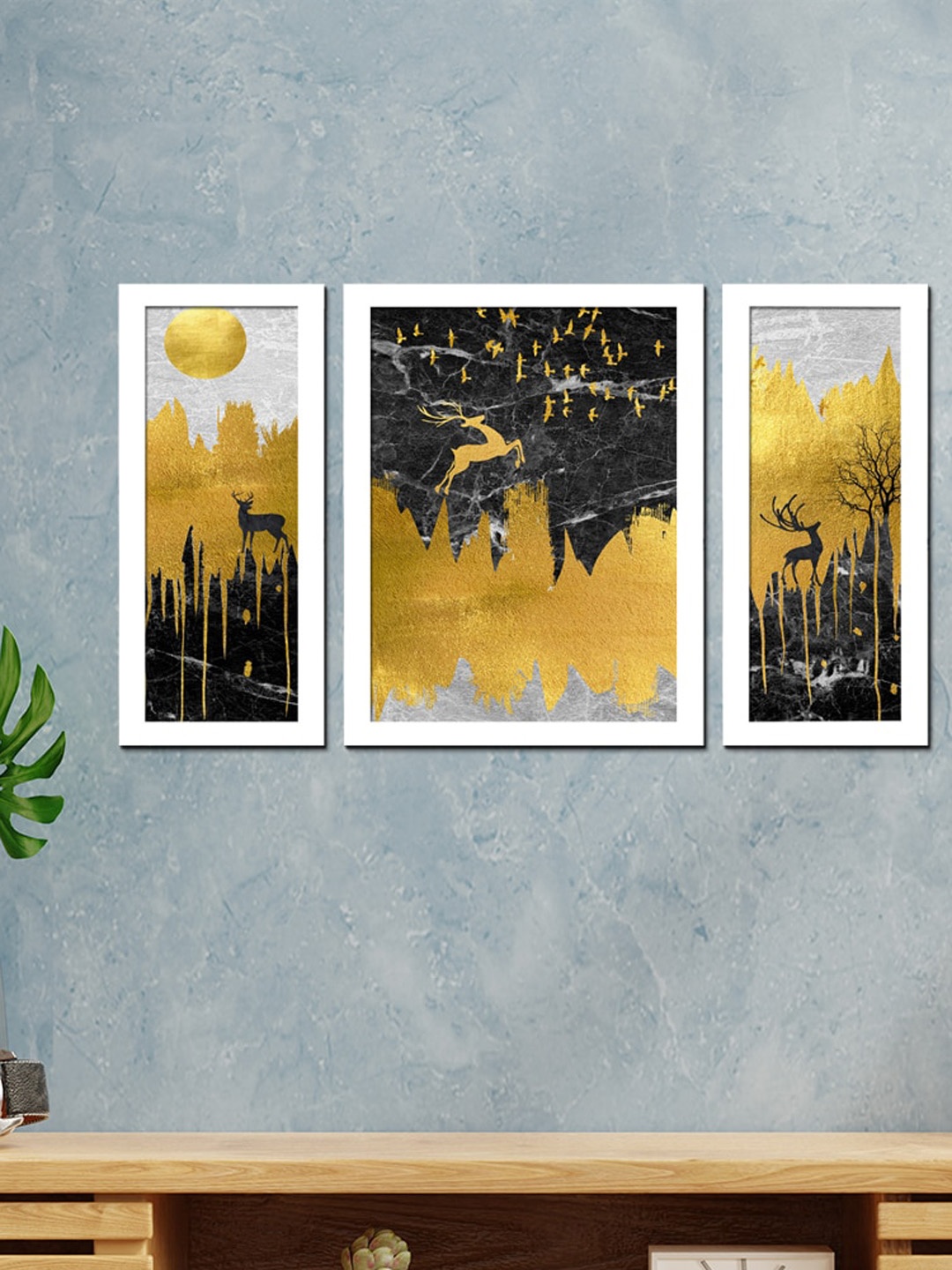 WENS Set Of 3 White Printed Modern Reindeer Creative Painting Wall Art