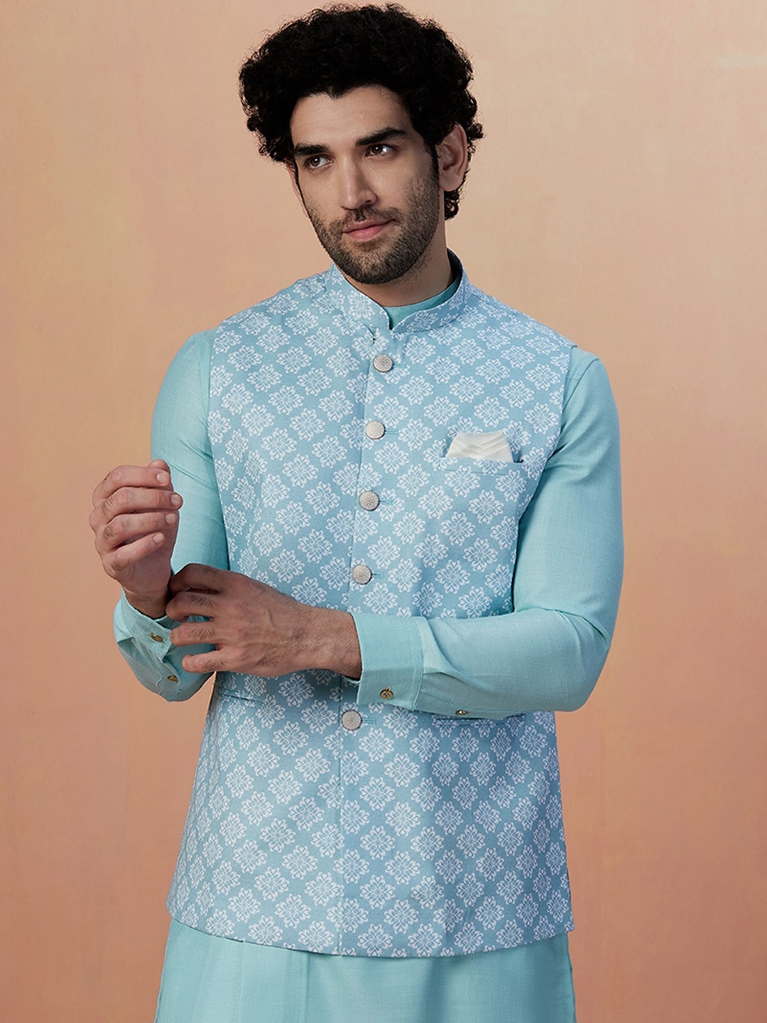 Manyavar Men Printed Sleeveless Nehru Jacket, Blue