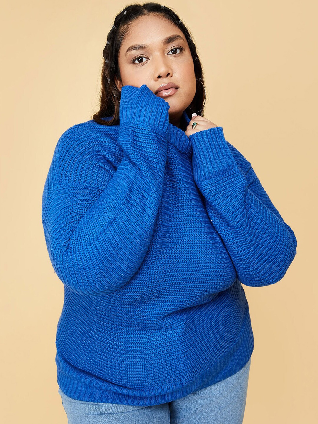 max Women Blue Cable Knit Acrylic Pullover
