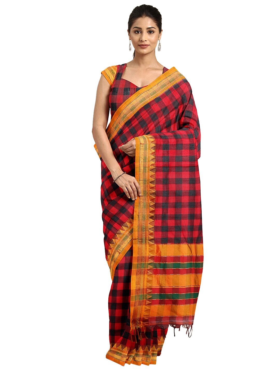 KALINI Checked Zari Silk Cotton Venkatgiri Saree, Red