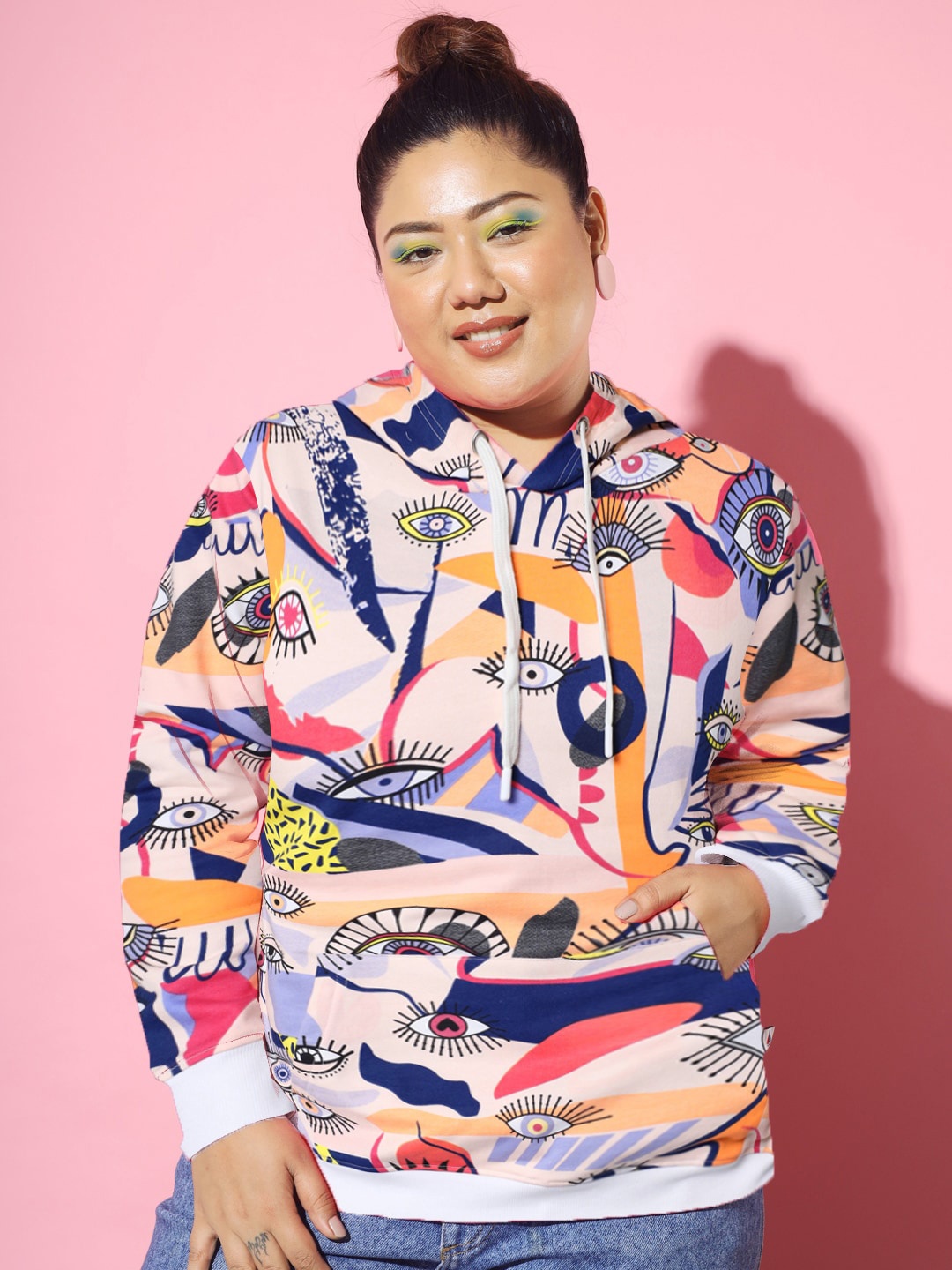BEYOUND SIZE - THE DRY STATE Women Plus Size Printed Hooded Fleece Sweatshirt, Peach