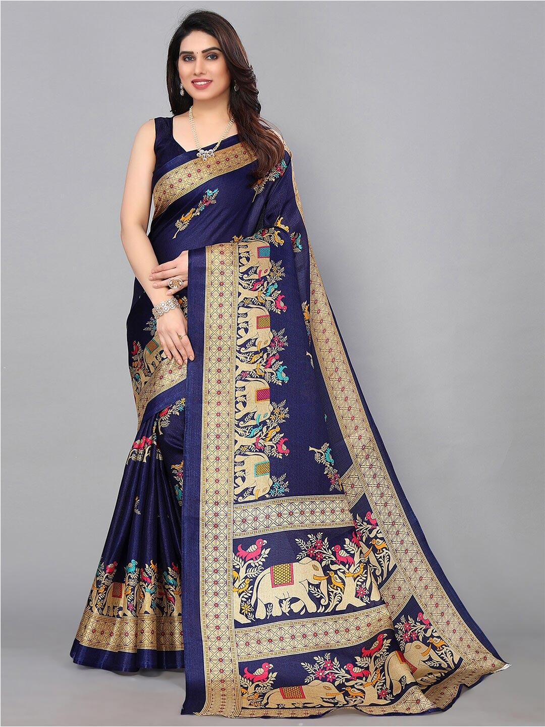 KALINI Navy Ethnic Motifs Printed Saree, Navy blue