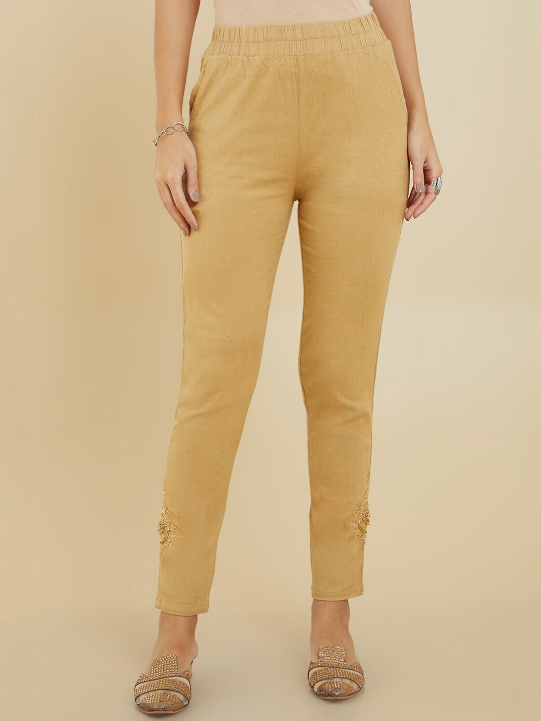 Soch Women Ankle-Length Cotton Leggings, Beige
