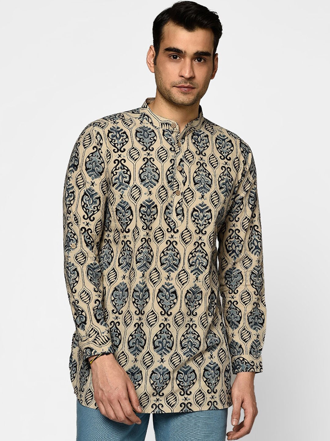 Fabindia Ethnic Motifs Printed Cotton Kurta, Beige