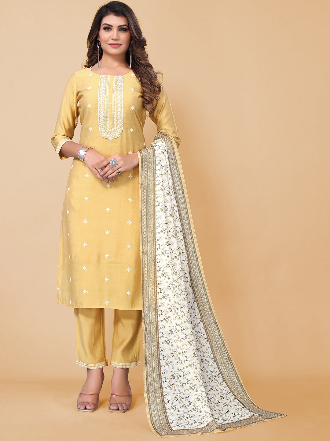 KALINI Women Floral Embroidered Sequinned Kurta with Trousers & Dupatta, Mustard
KALINI Women Floral Embroidered Sequinned Kurta with Trousers & Dupatta, Mustard