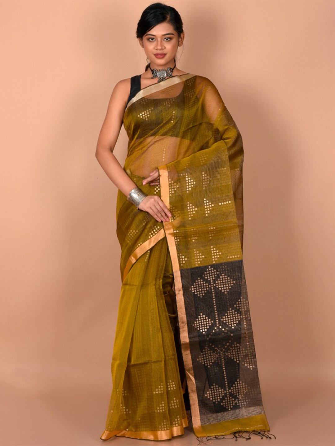 AllSilks Green & Copper-Toned Woven Design Zari Saree