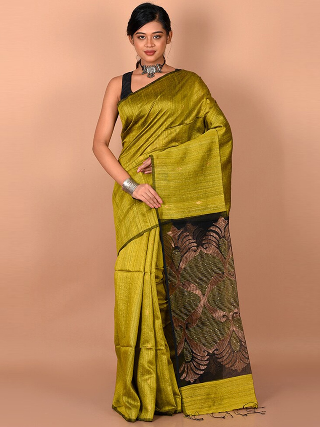 AllSilks Green & Copper-Toned Zari Saree