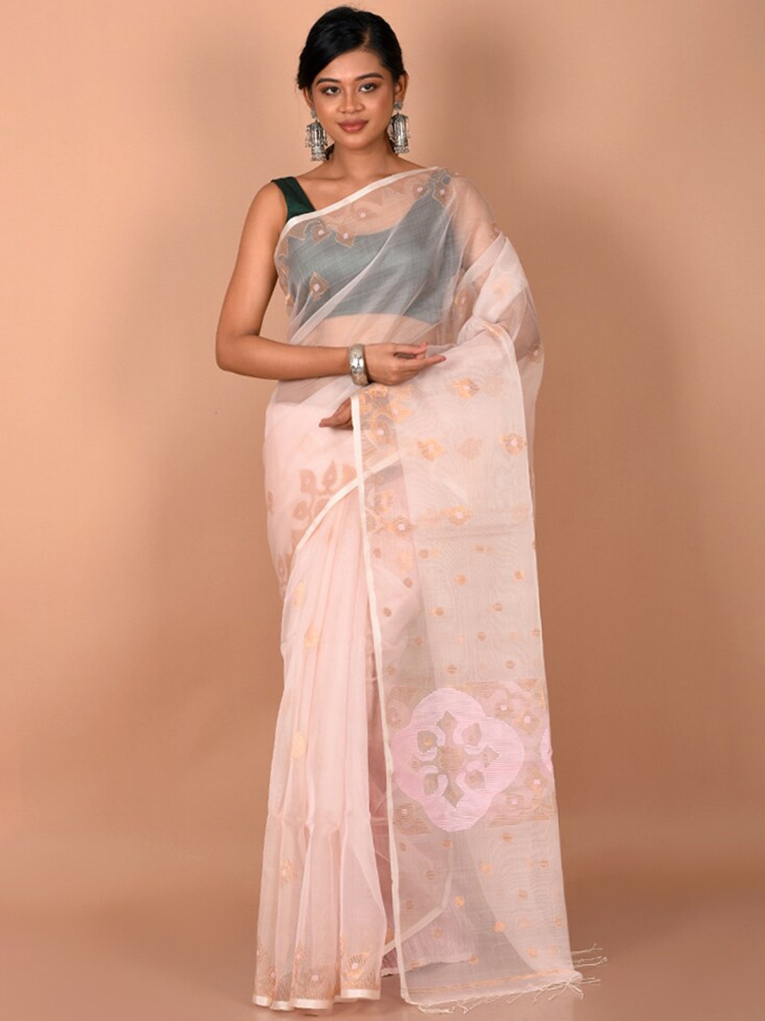 AllSilks Pink & Gold-Toned Woven Design Zari Saree