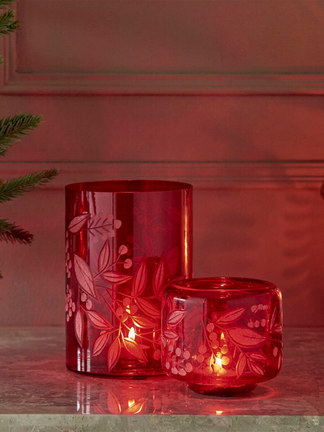 Home Centre Corsica Noel Textured Glass T-Light Holder, Red