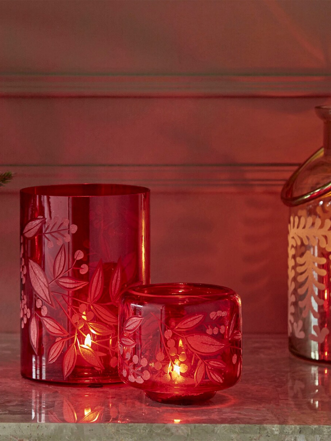Home Centre Corsica Noel Etched Cylindrical Glass Candle Holder, Red