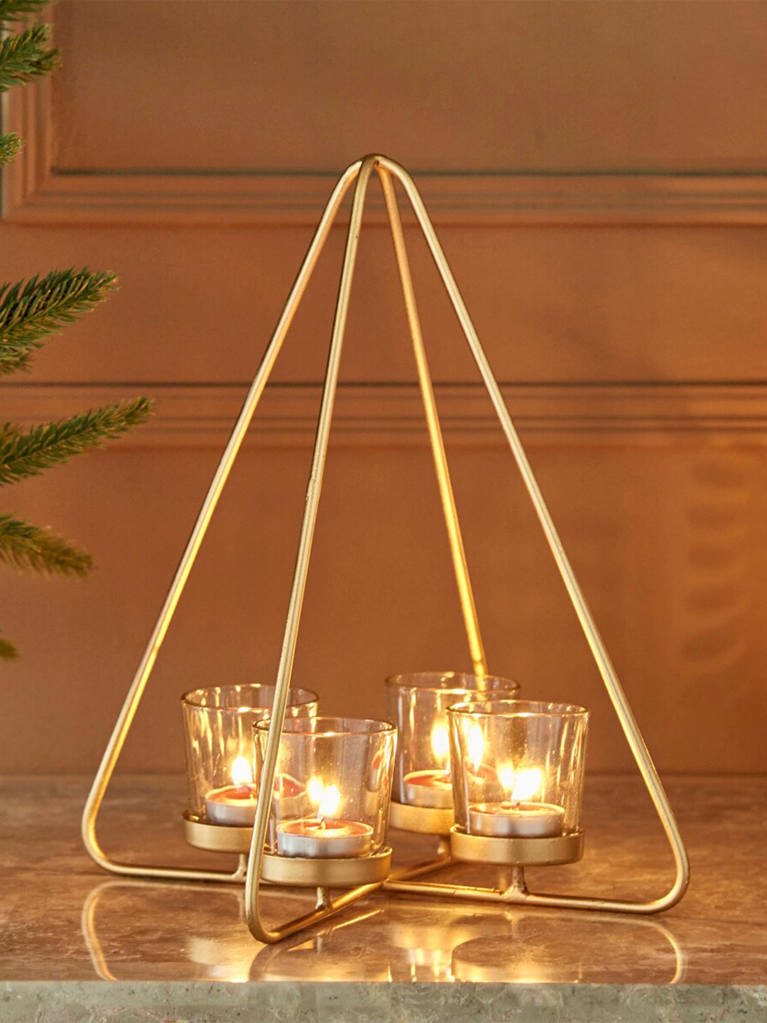 Home Centre Corsica Noel Triangular T-Light Holder, Gold