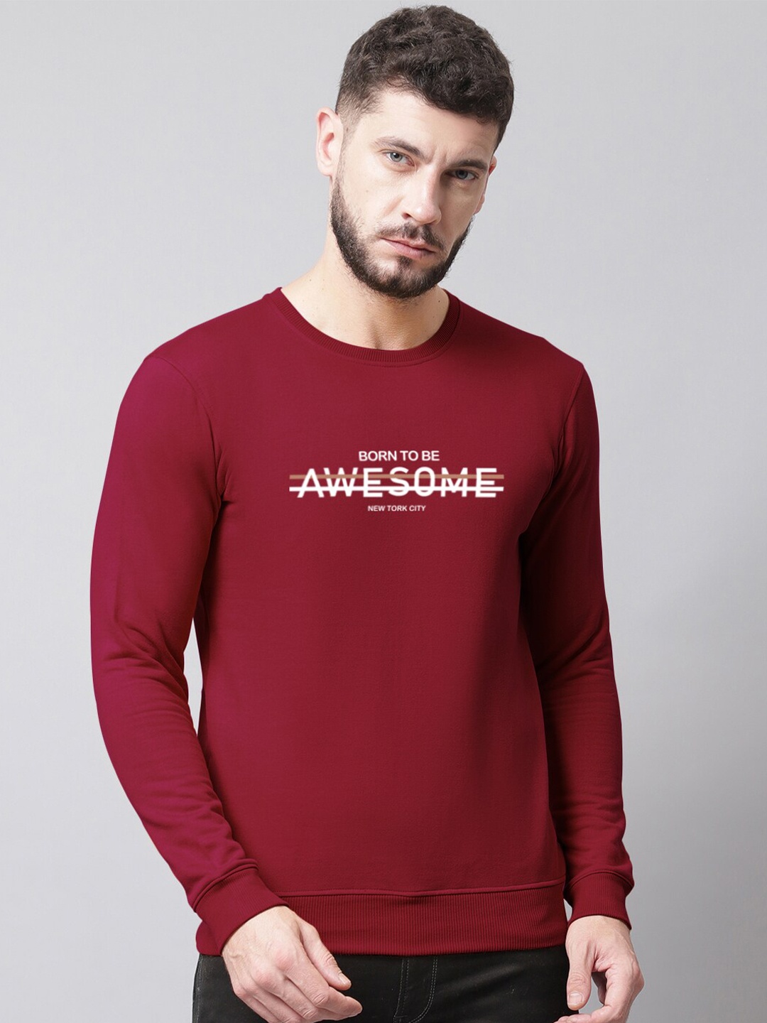 Friskers Men Printed Fleece Sweatshirt, Maroon