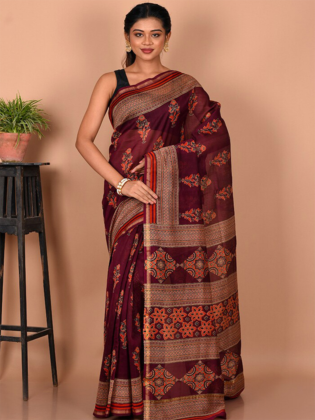 AllSilks Floral Pure Cotton Chanderi Saree, Burgundy 
AllSilks Floral Pure Cotton Chanderi Saree, Burgundy