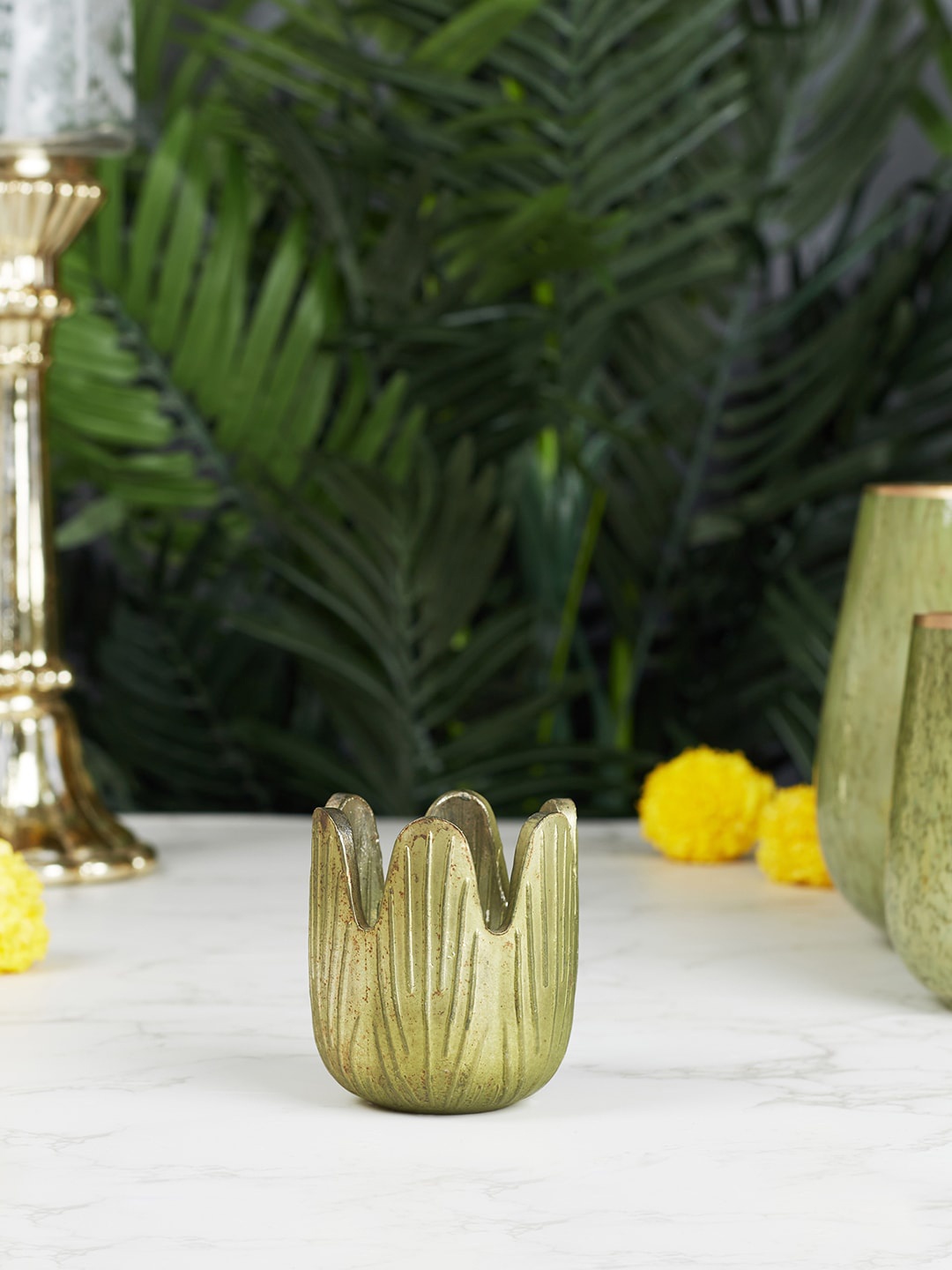 HomeTown Textured Metal Candle Holders, Green
