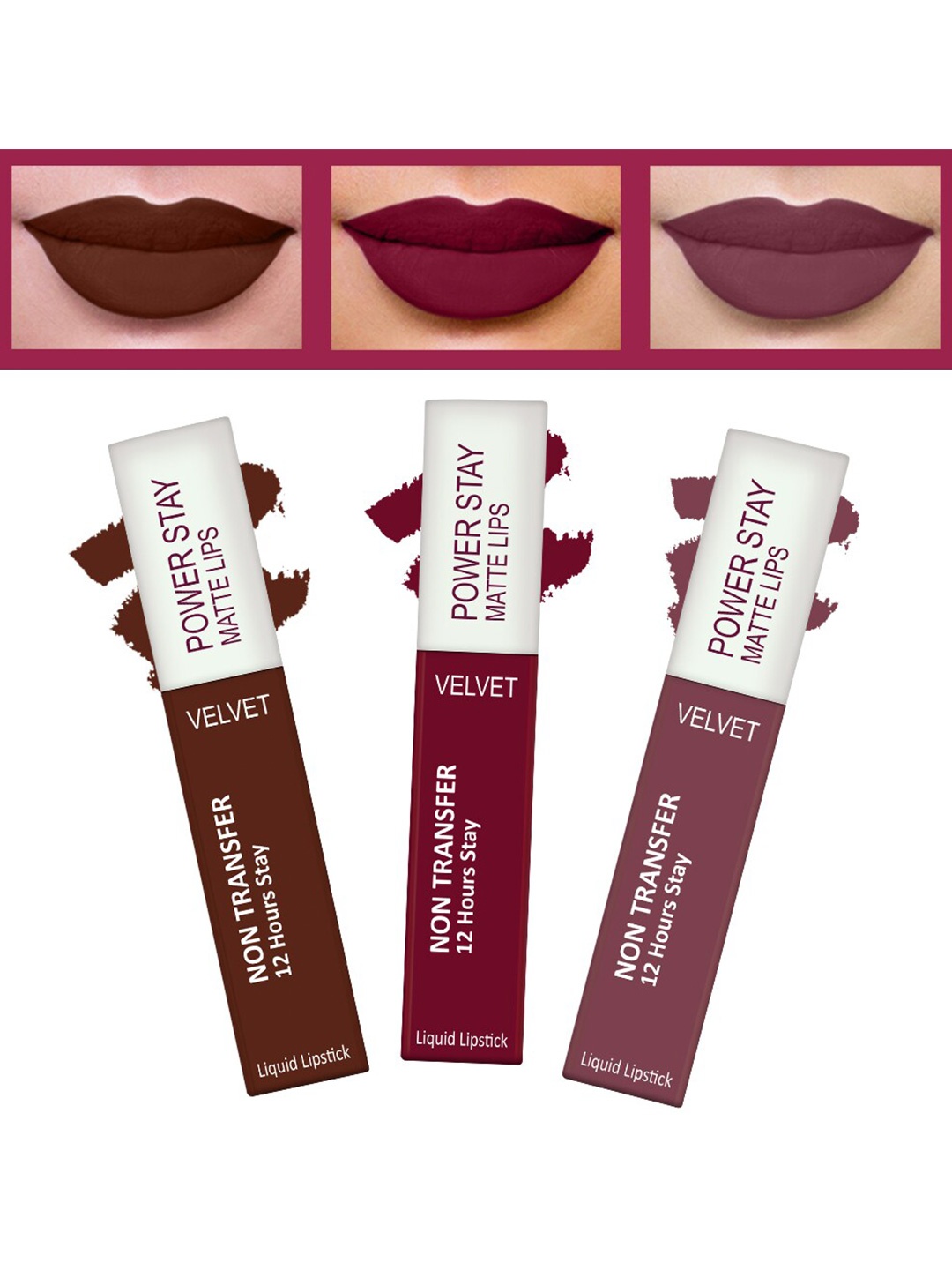 FORFOR Powerstay Set Of 3 Liquid Matte Lipsticks - Cocoa Brown, Bridal Maroon, Mauve Matte, Burgundy
FORFOR Powerstay Set Of 3 Liquid Matte Lipsticks - Cocoa Brown, Bridal Maroon, Mauve Matte, Burgundy