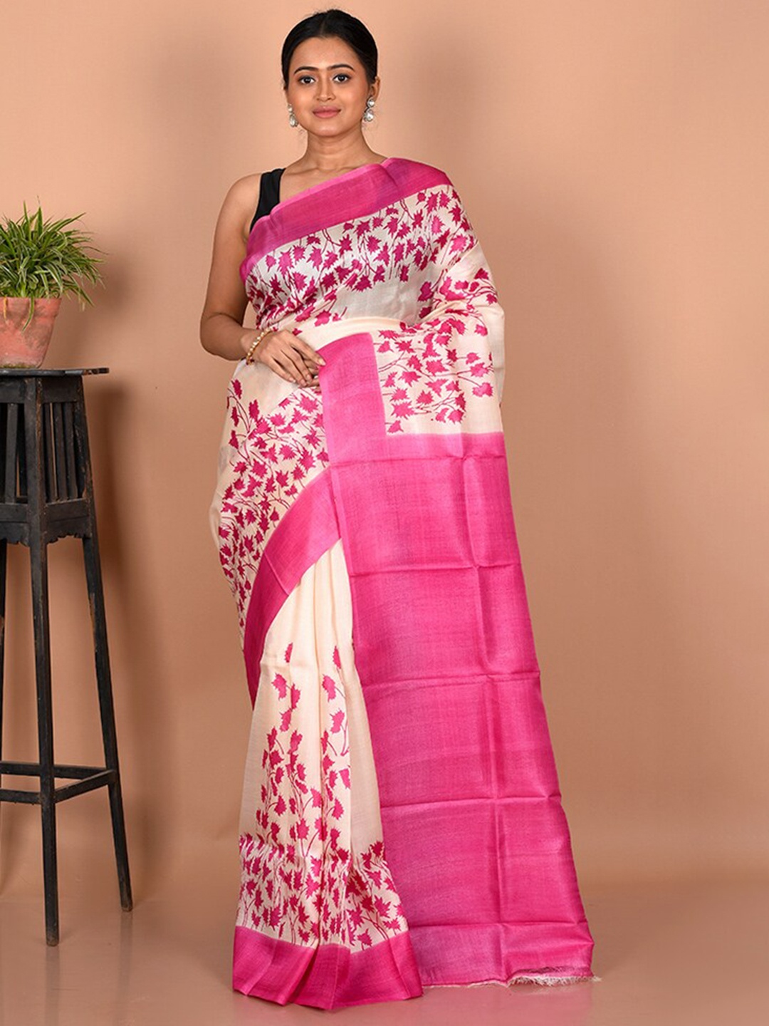AllSilks Floral Silk Blend Tussar Saree, Cream