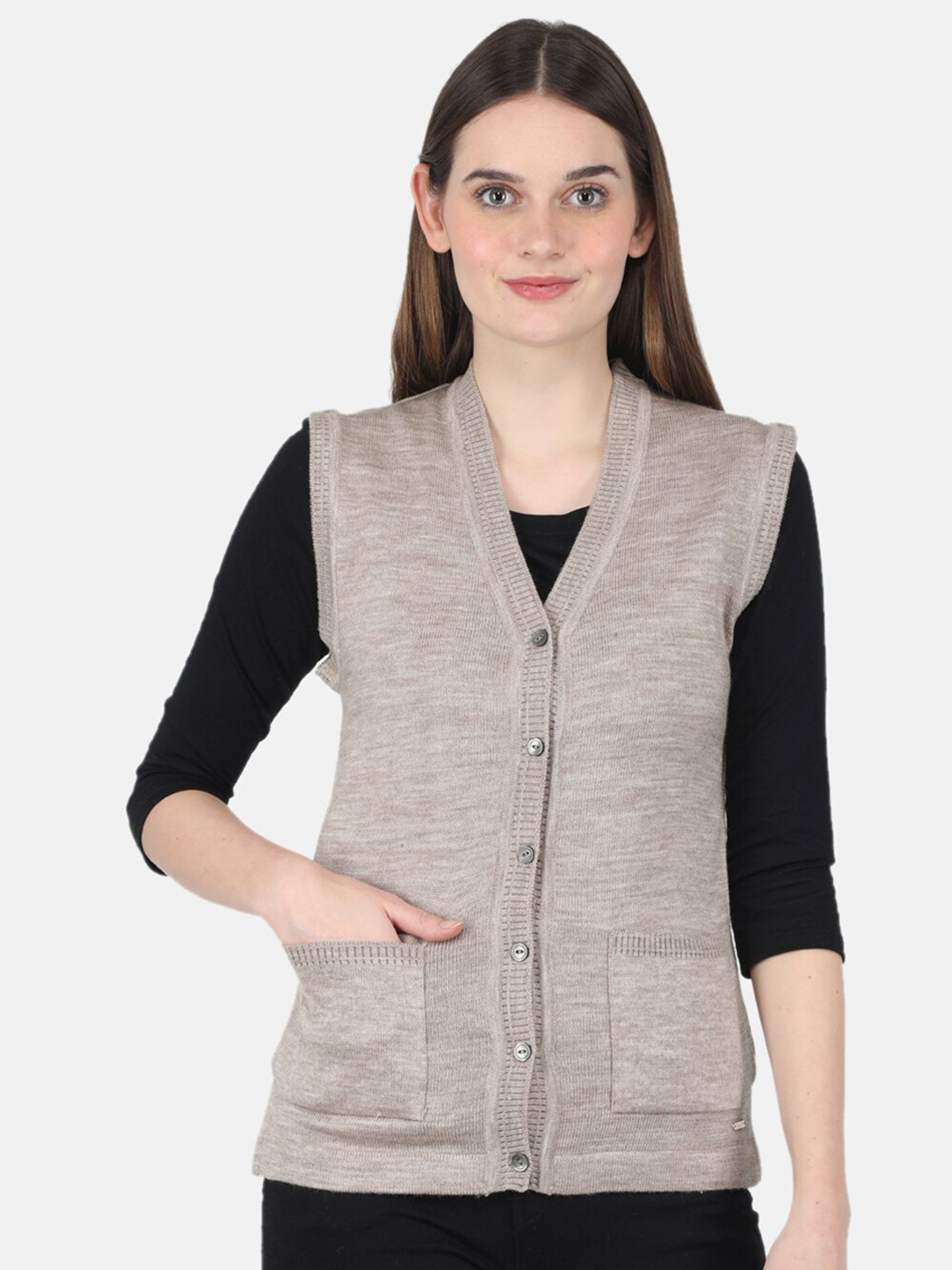 Monte Carlo Cardigan V-Neck Sleeveless Curved Sweaters, Beige 
Monte Carlo Cardigan V-Neck Sleeveless Curved Sweaters, Beige