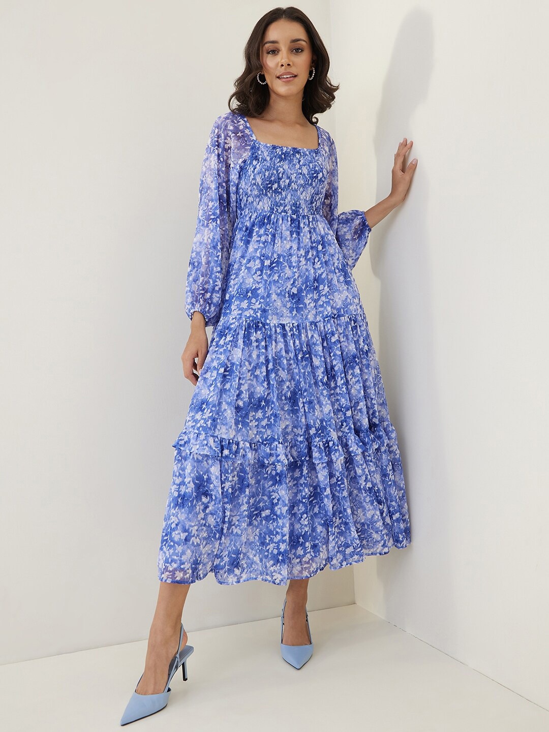 Femella Floral Printed A-Line Midi Dress, Blue