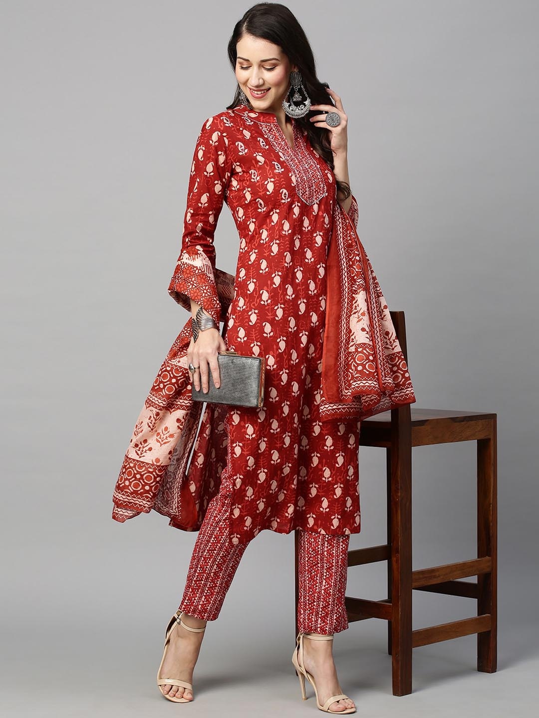 INDYESPaisley Yoke Design Thread Work Pure Cotton Kurta with Trousers & With Dupatta, Red
INDYESPaisley Yoke Design Thread Work Pure Cotton Kurta with Trousers & With Dupatta, Red