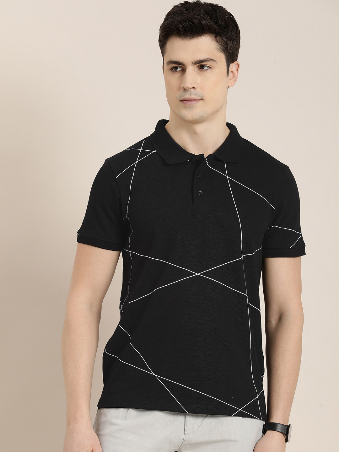 INVICTUS Short Sleeves Geometric Printed Polo Collar T-shirt, Black 
INVICTUS Short Sleeves Geometric Printed Polo Collar T-shirt, Black
