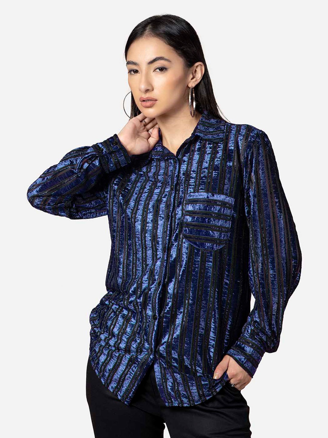 NEOFAA Women Striped Velvet Shirt, Navy blue
