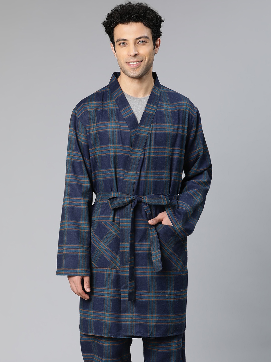 Oxolloxo Men Checked Cotton Robe, Blue
