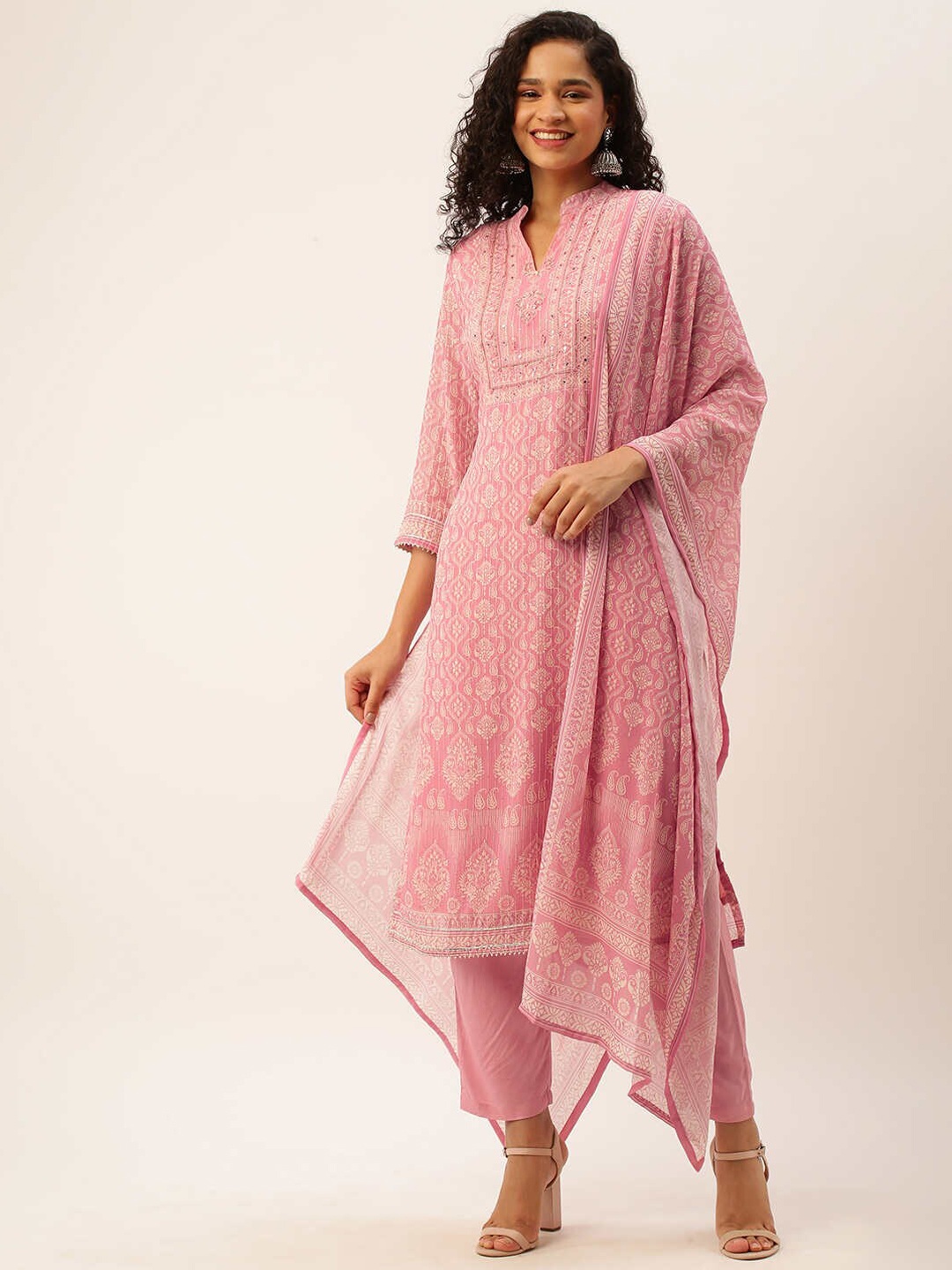 ZOLA Women Pink Ethnic Motifs Printed Mirror Work Kurta with Trousers & With Dupatta
ZOLA Women Pink Ethnic Motifs Printed Mirror Work Kurta with Trousers & With Dupatta