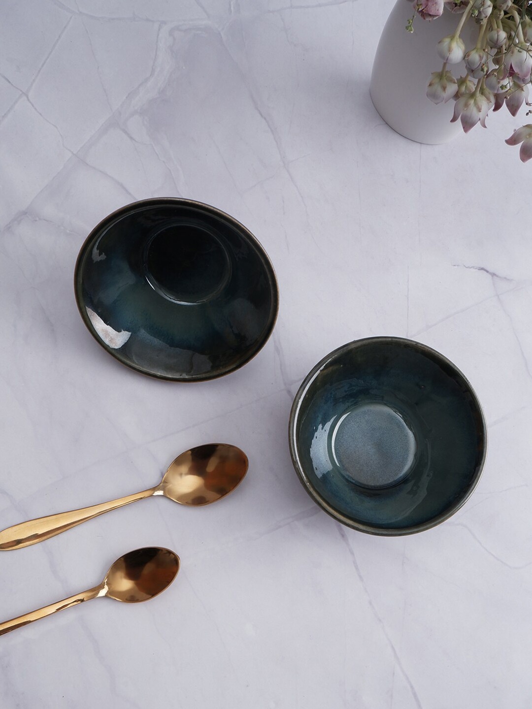 THE WHITE INK DECOR Green Ceramic Glossy Bowl 300 ml