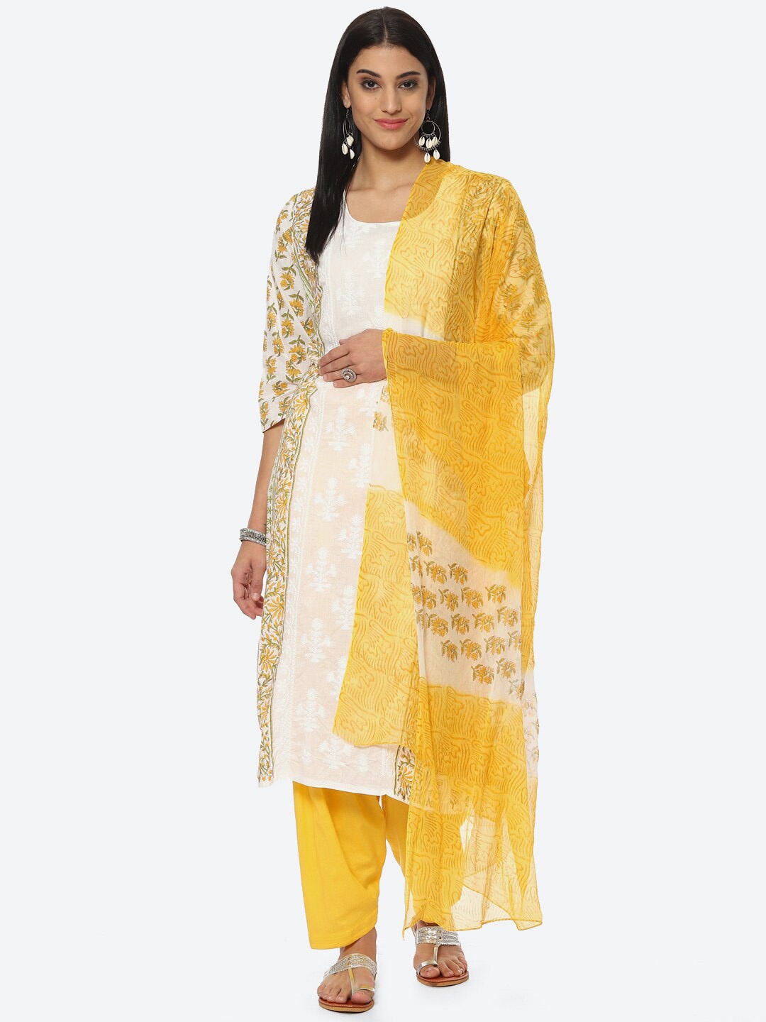 Biba Floral Printed Unstitched Dress Material, Off white
