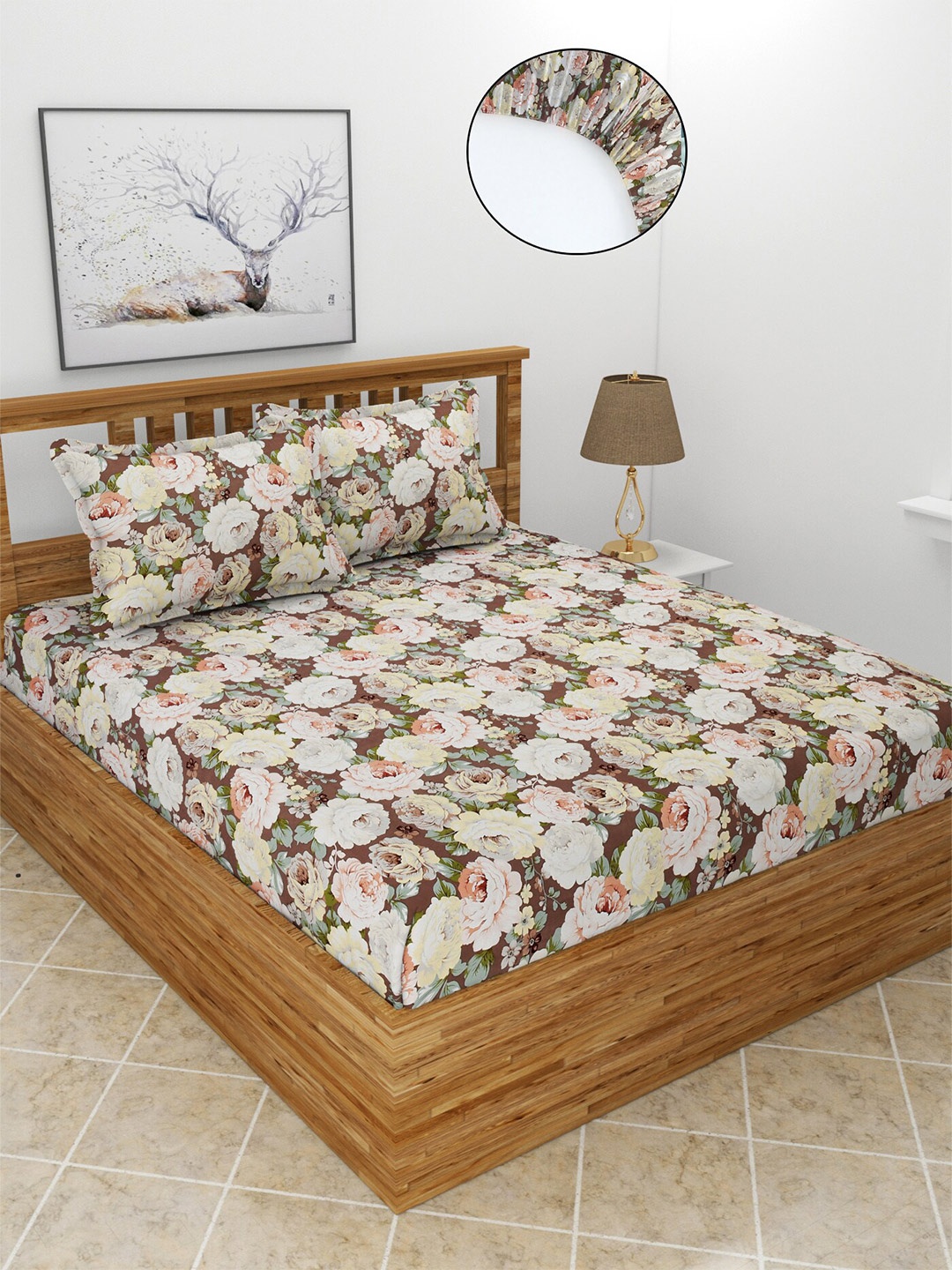 MORADO Coffee Brown & White Floral 210 TC Fitted King Bedsheet with 2 Pillow Covers
MORADO Coffee Brown & White Floral 210 TC Fitted King Bedsheet with 2 Pillow Covers