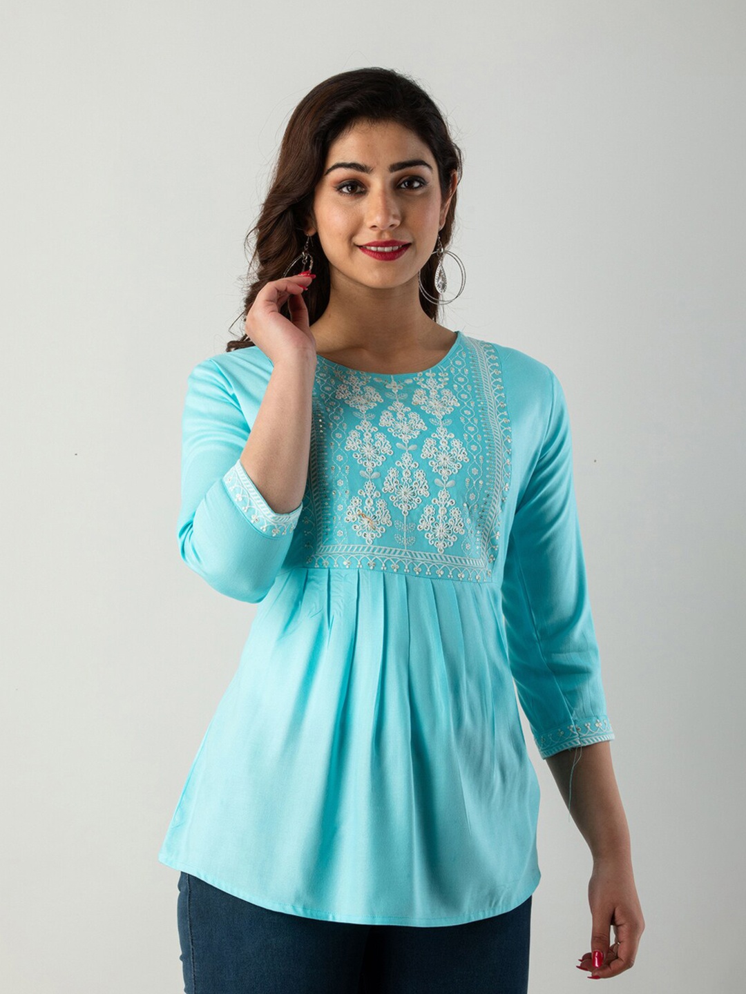 KALINI Embroidered Round Neck Top, Turquoise blue