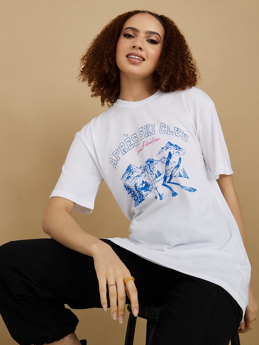 Styli Women Printed Oversized Cotton T-shirt, White