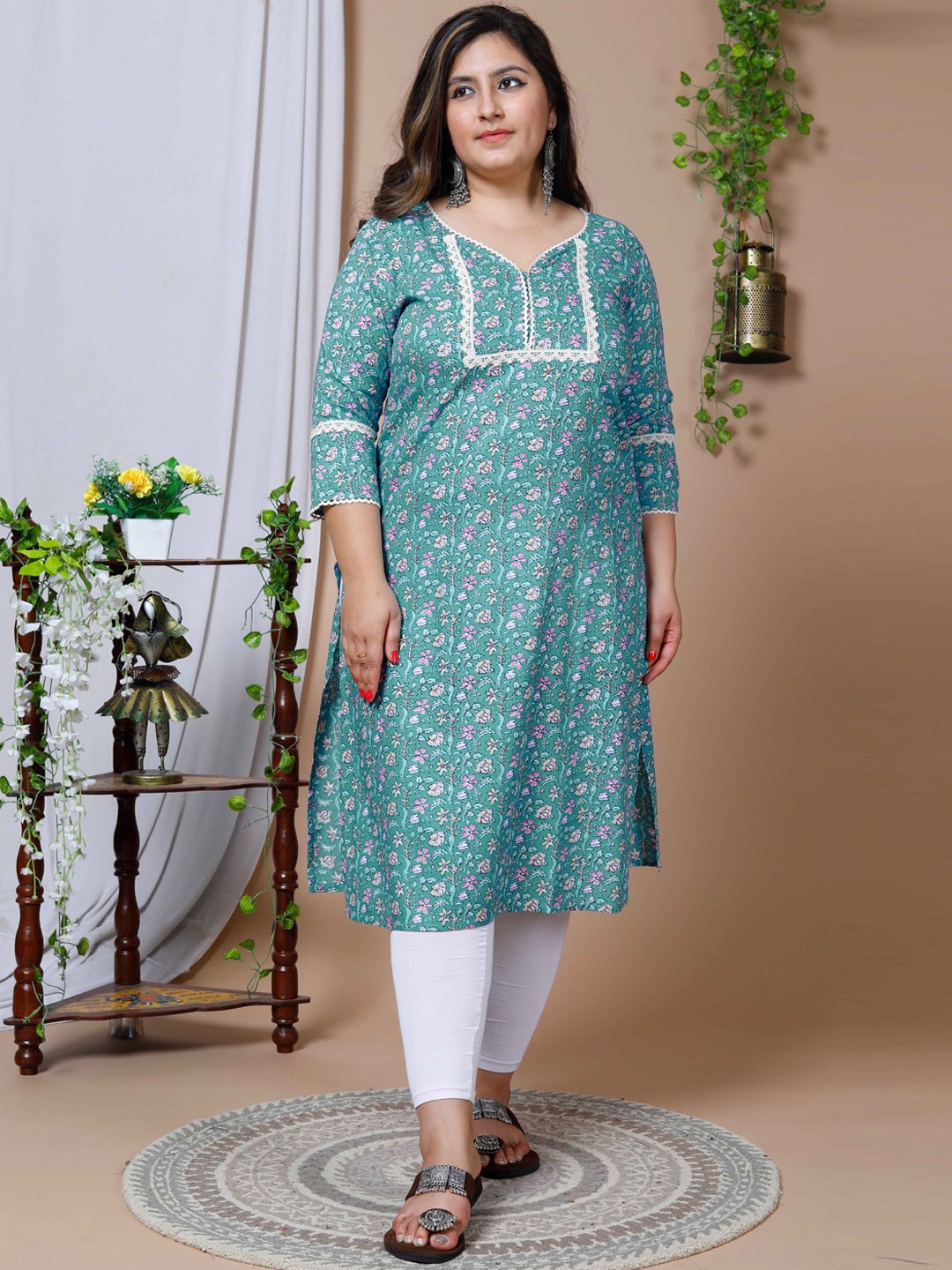 MIRAVAN Plus Size Floral Printed Lace Frills Bows and Ruffles Pure Cotton Kurta, Teal
MIRAVAN Plus Size Floral Printed Lace Frills Bows and Ruffles Pure Cotton Kurta, Teal