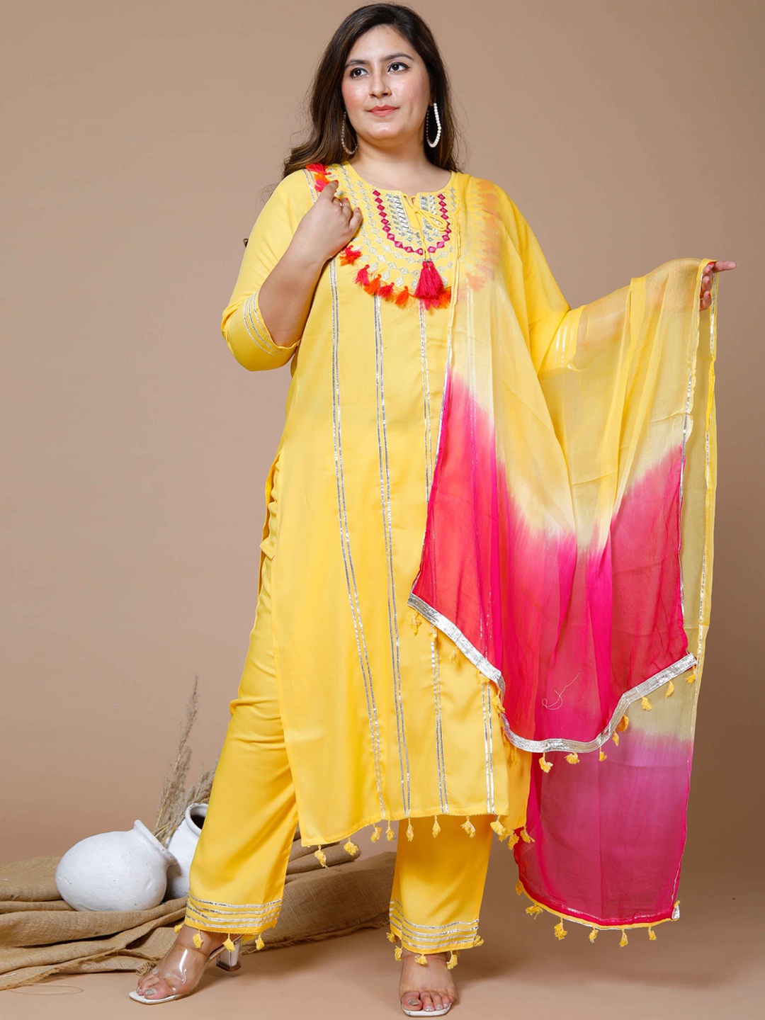 MIRAVAN Women Plus Size Embroidered Gotta Patti Kurta with Trousers & With Dupatta, Yellow
MIRAVAN Women Plus Size Embroidered Gotta Patti Kurta with Trousers & With Dupatta, Yellow