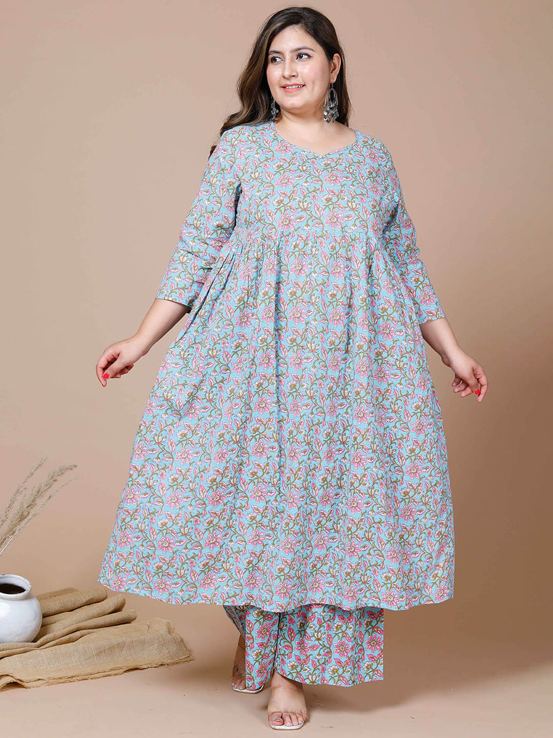 MIRAVAN Women Plus Size Floral Printed Pleated Pure Cotton Kurta with Sharara, Blue
MIRAVAN Women Plus Size Floral Printed Pleated Pure Cotton Kurta with Sharara, Blue