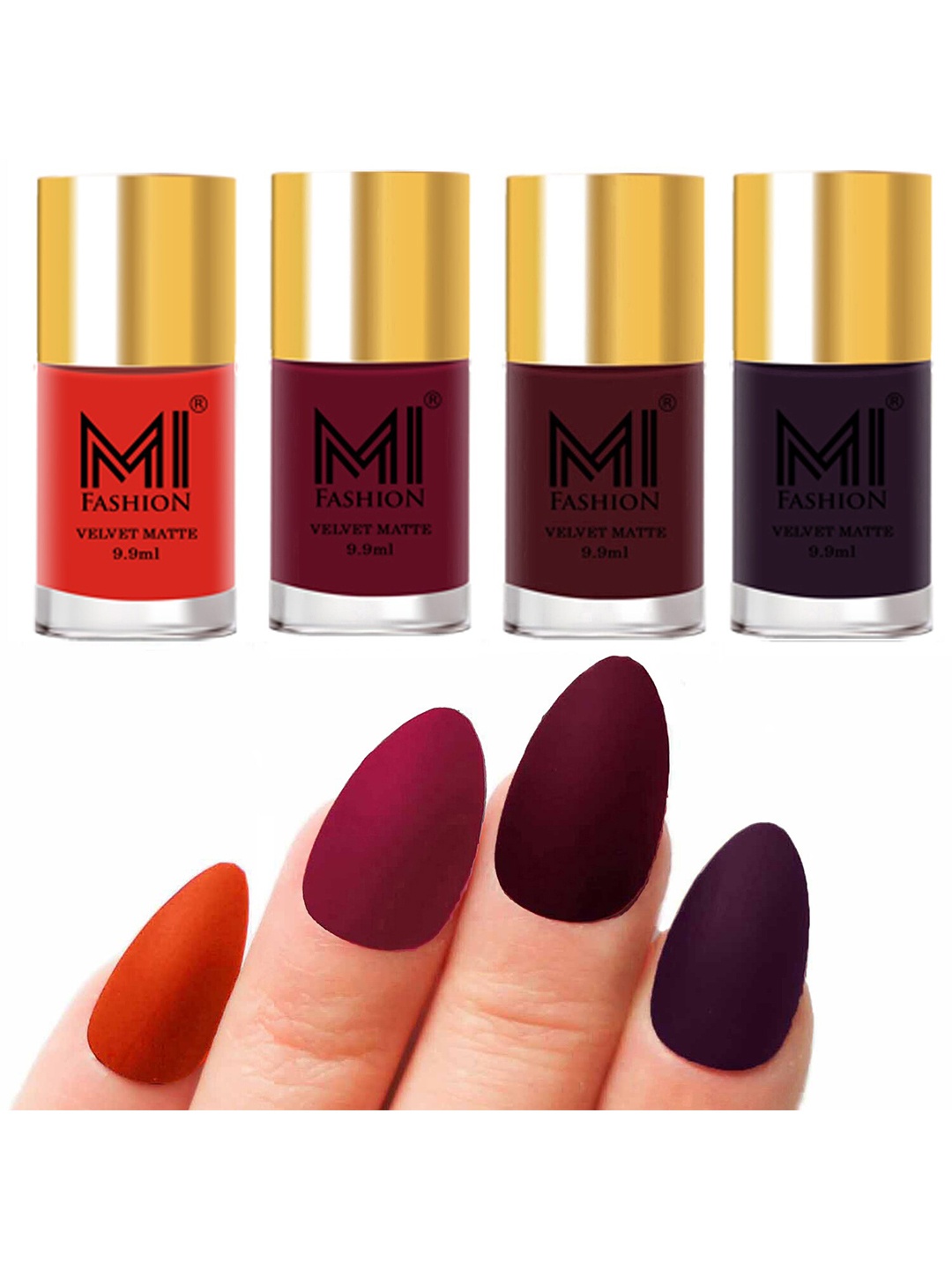 MI FASHION Set of Velvet Matte Nail Polish 9.9 ml Each -Orange 04 - Mauve 25 - Red Wine 26 - Dark Purple 30, Multi
MI FASHION Set of Velvet Matte Nail Polish 9.9 ml Each -Orange 04 - Mauve 25 - Red Wine 26 - Dark Purple 30, Multi