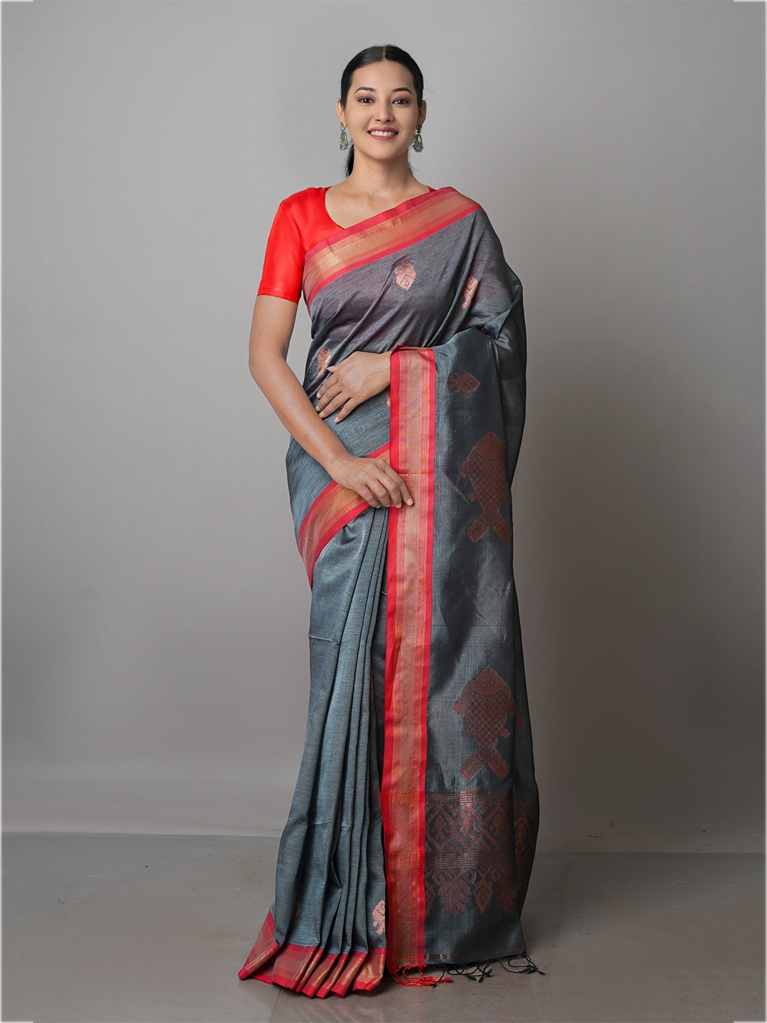 Unnati Silks Ethnic Motifs Zari Pure Silk Jamdani Saree, Grey