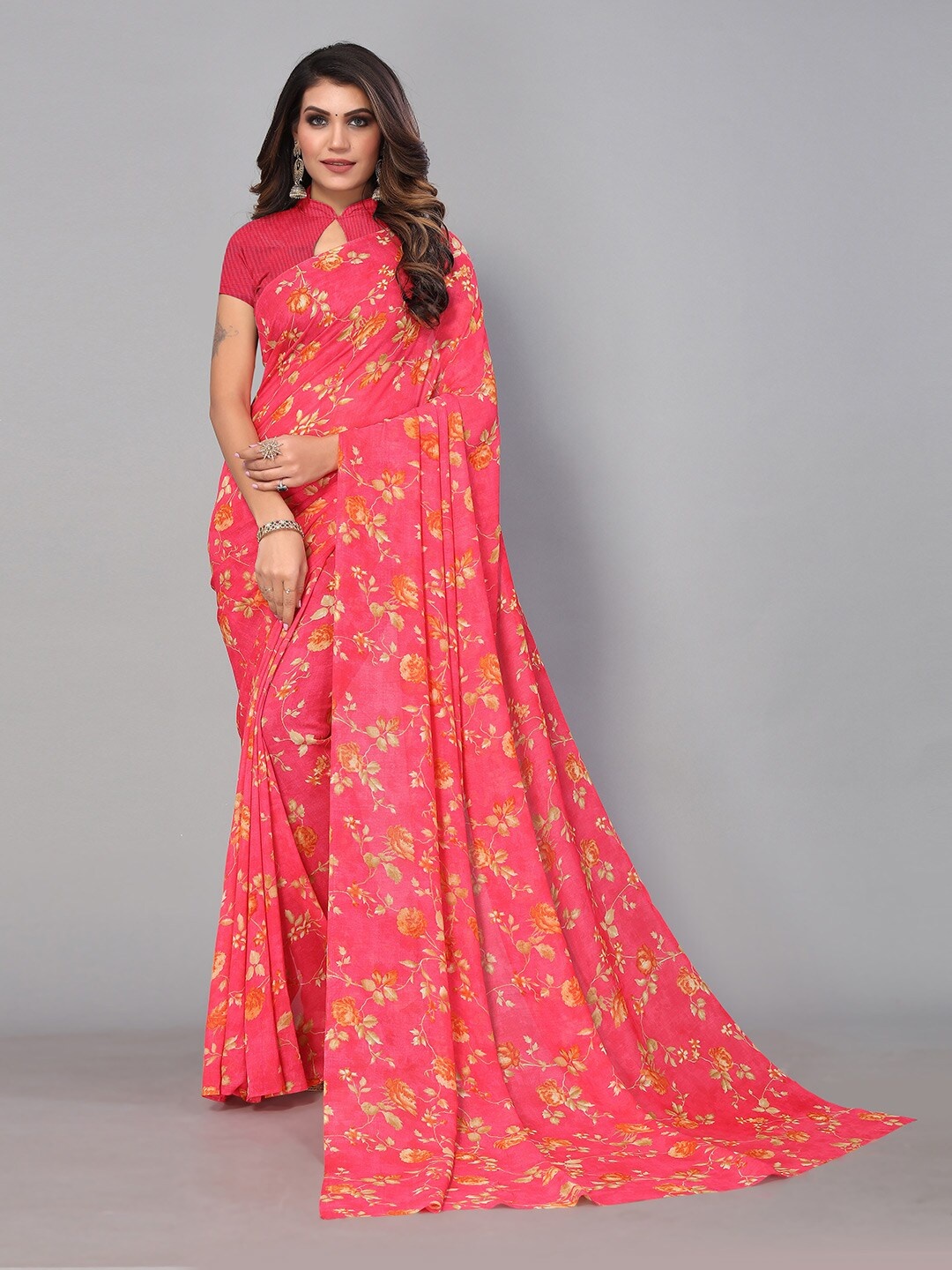 HRITIKA Floral Pure Georgette Saree, Pink