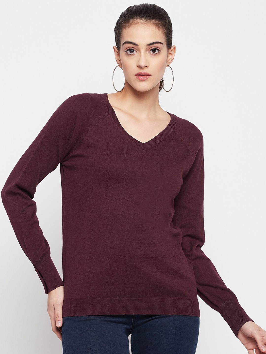 Madame V neck Pullover Ribbed Sweaters, Red
