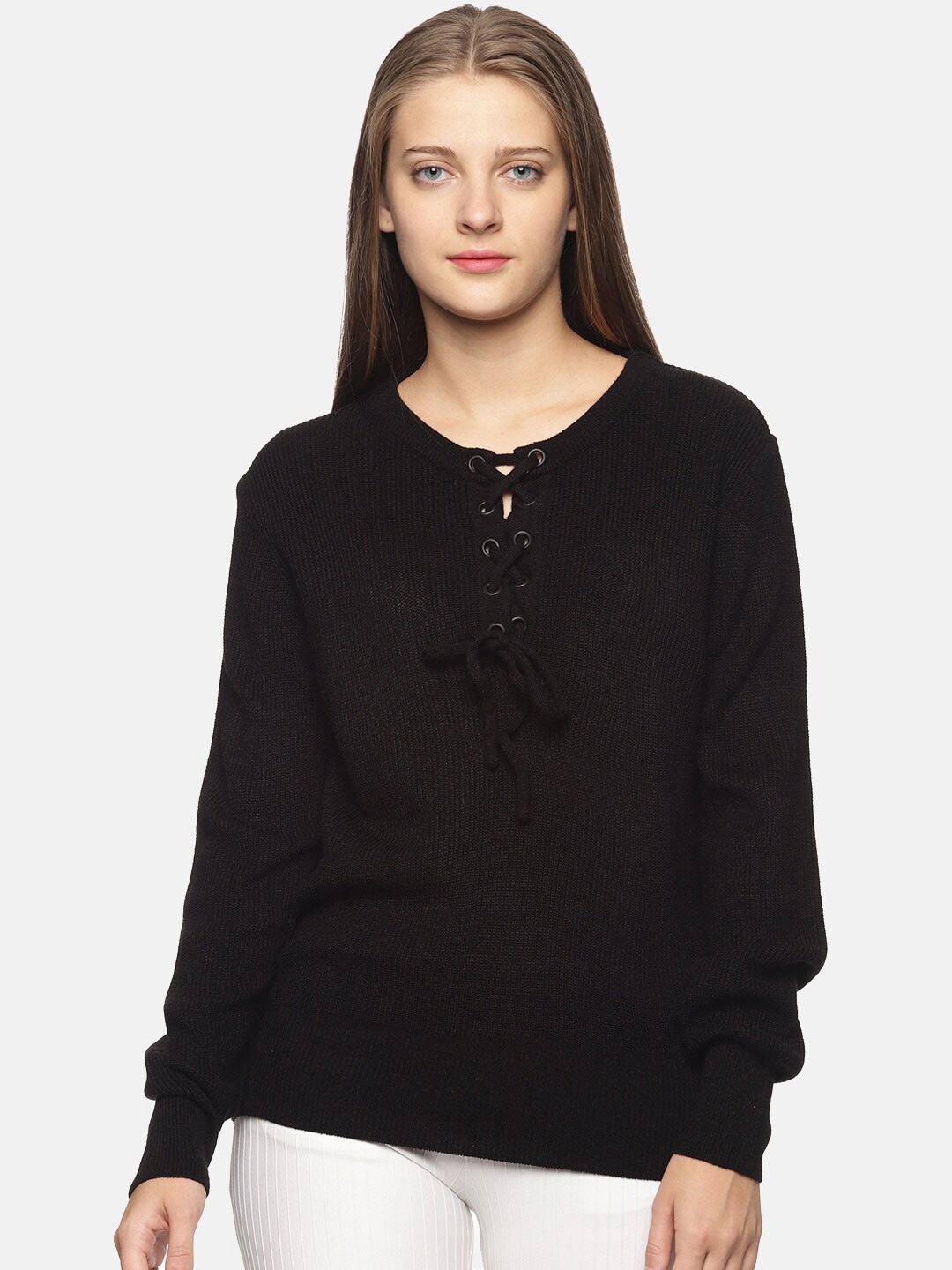 DAiSY Women Black Ribbed Pullover