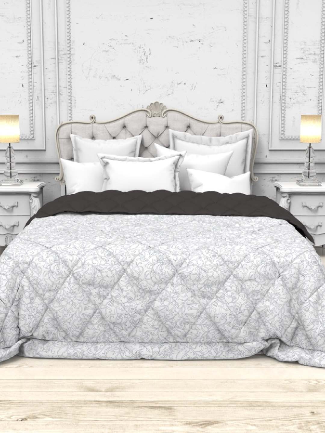 THE WHITE MOSS White & Grey Floral AC Room 300 GSM Double Bed Comforter