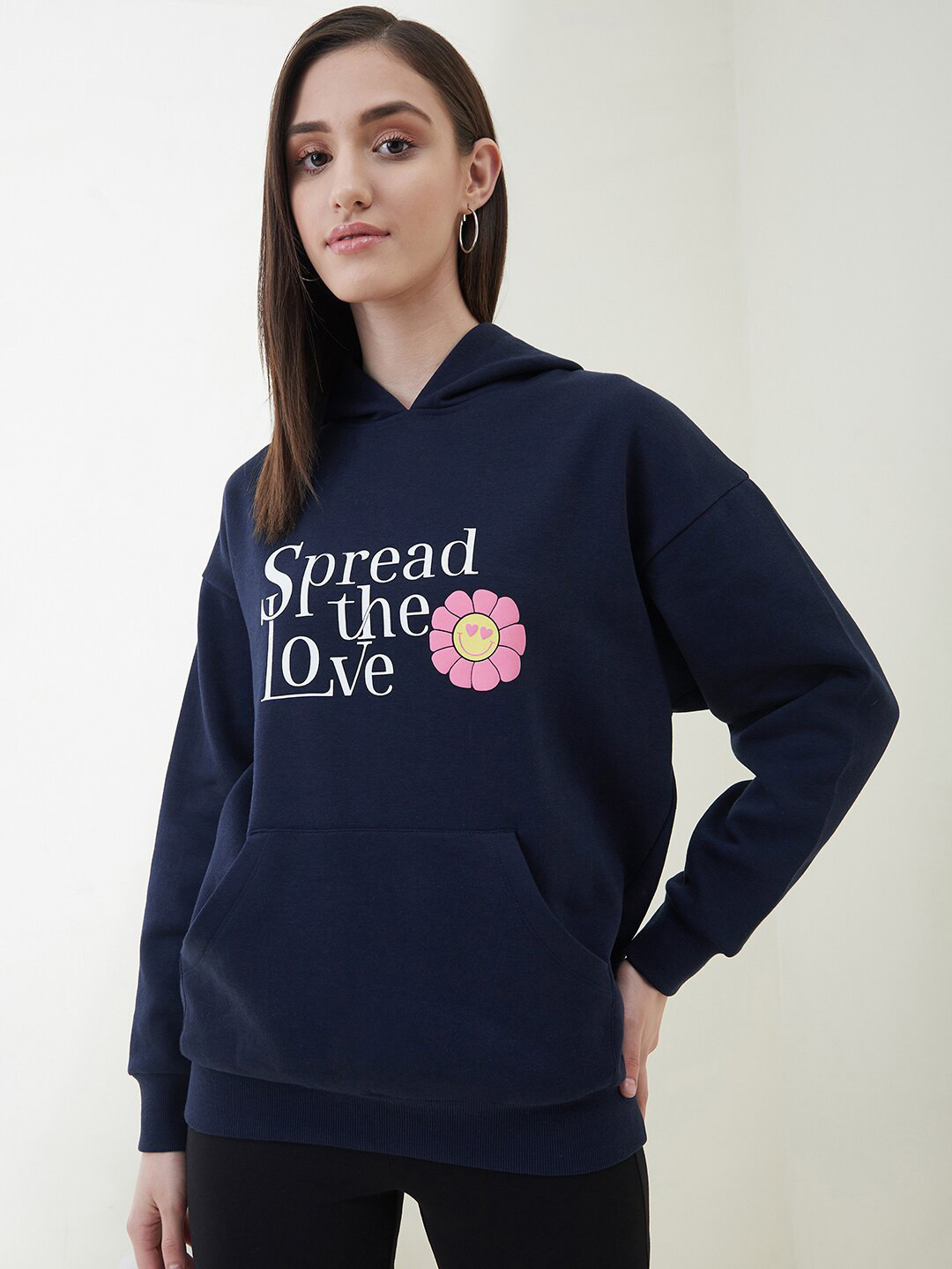 Femella Women Navy Blue Printed Hooded Sweatshirt 
Femella Women Navy Blue Printed Hooded Sweatshirt