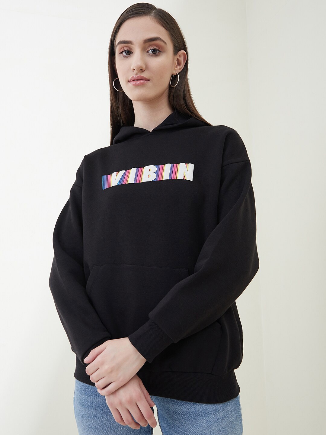 Femella Women Black Printed Hooded Sweatshirt