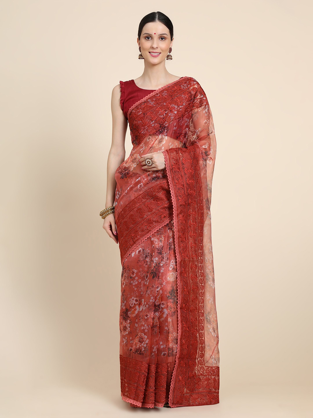 Vastrasky Global Floral Embroidered Mysore Silk Saree, Red