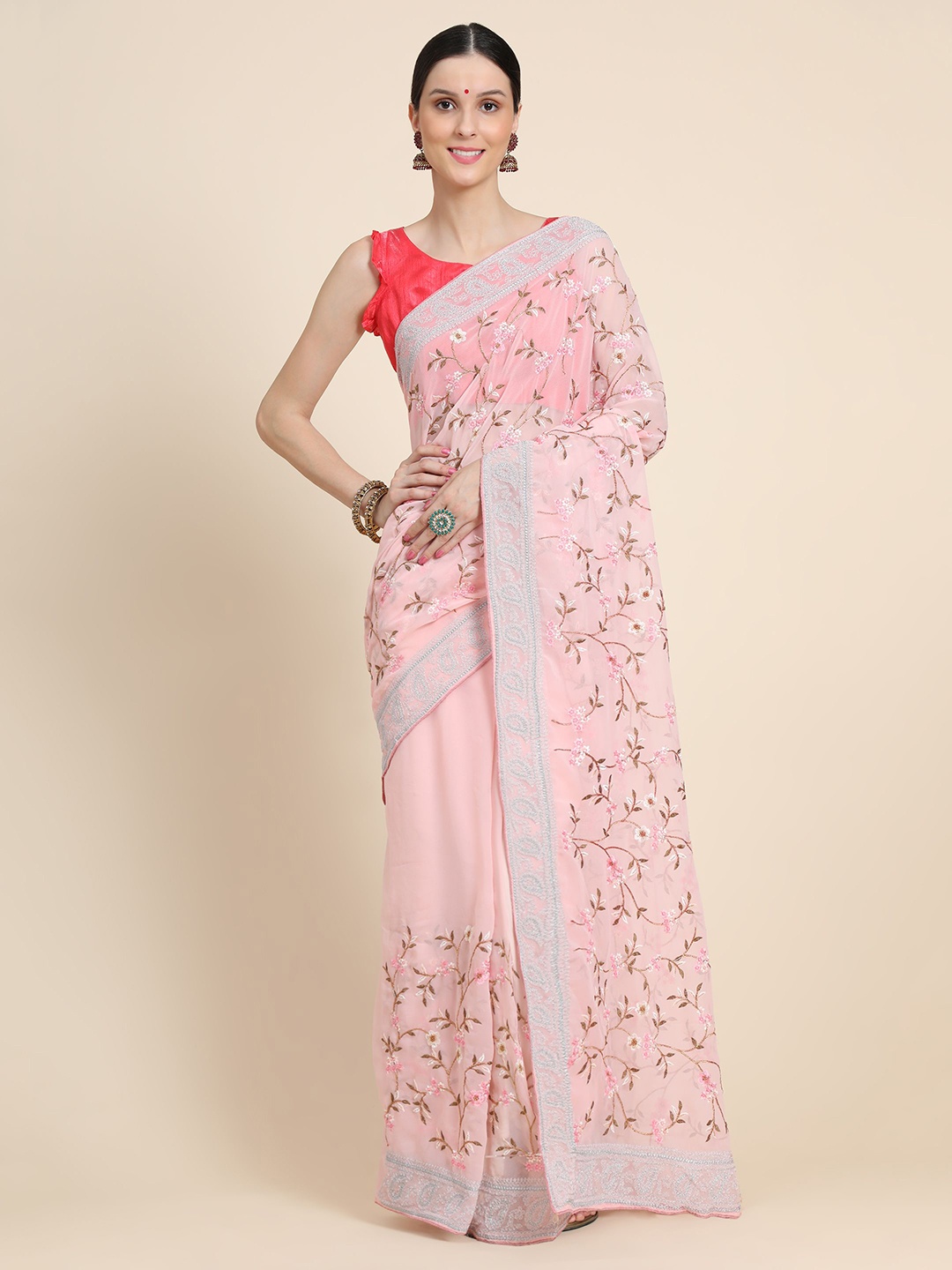 Vastrasky Global Floral Embroidered Pure Silk Mysore Silk Saree, Peach