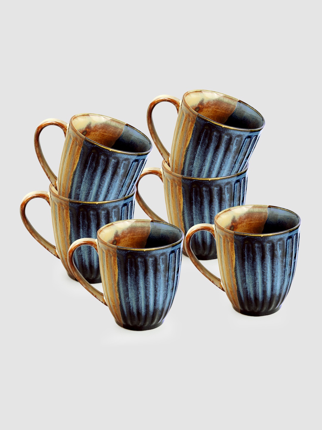 ExclusiveLane Brown & Blue Set of 6 Colorblocked Ceramic Glossy Cups 300 ml Each