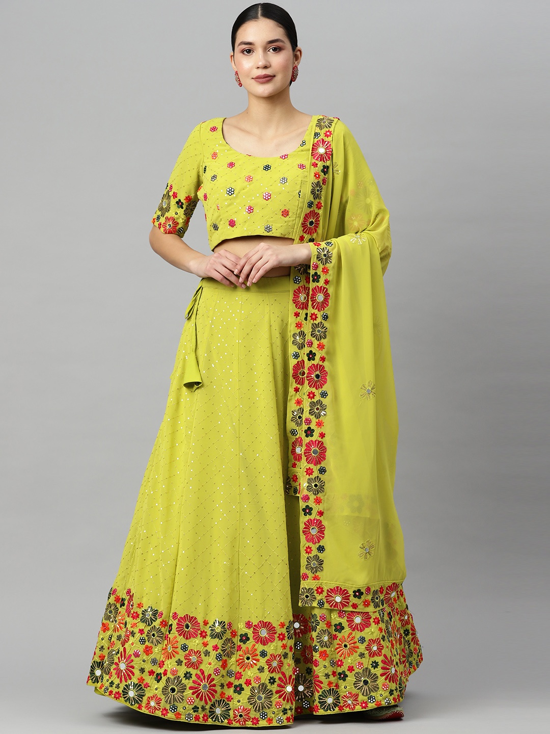 SHUBHKALA Embroidered Mirror Work Semi-Stitched Lehenga & Blouse With Dupatta, Fluorescent green
SHUBHKALA Embroidered Mirror Work Semi-Stitched Lehenga & Blouse With Dupatta, Fluorescent green