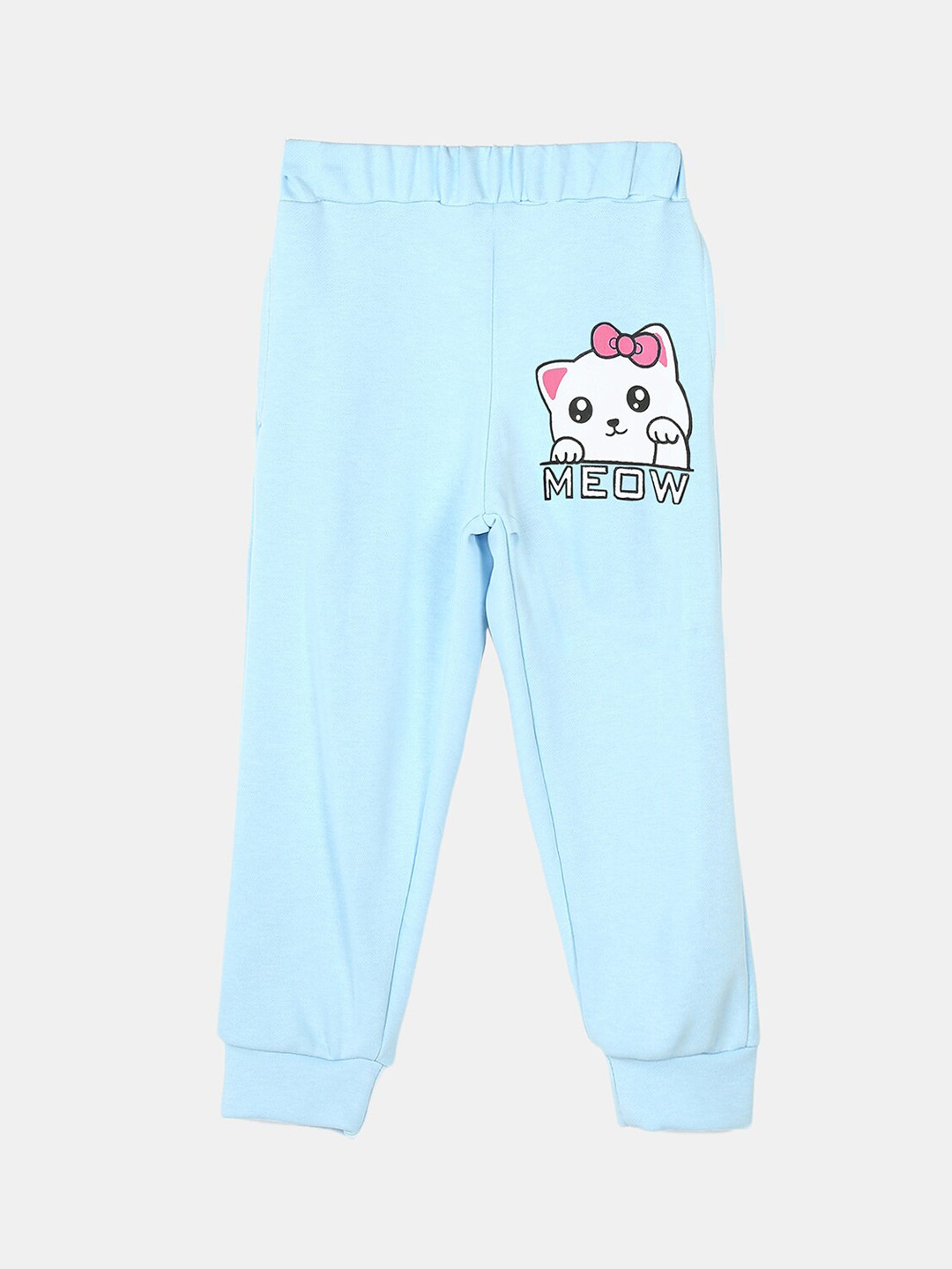 Wyld Sprog Girls Meow Printed Cotton Joggers, Blue 
Wyld Sprog Girls Meow Printed Cotton Joggers, Blue