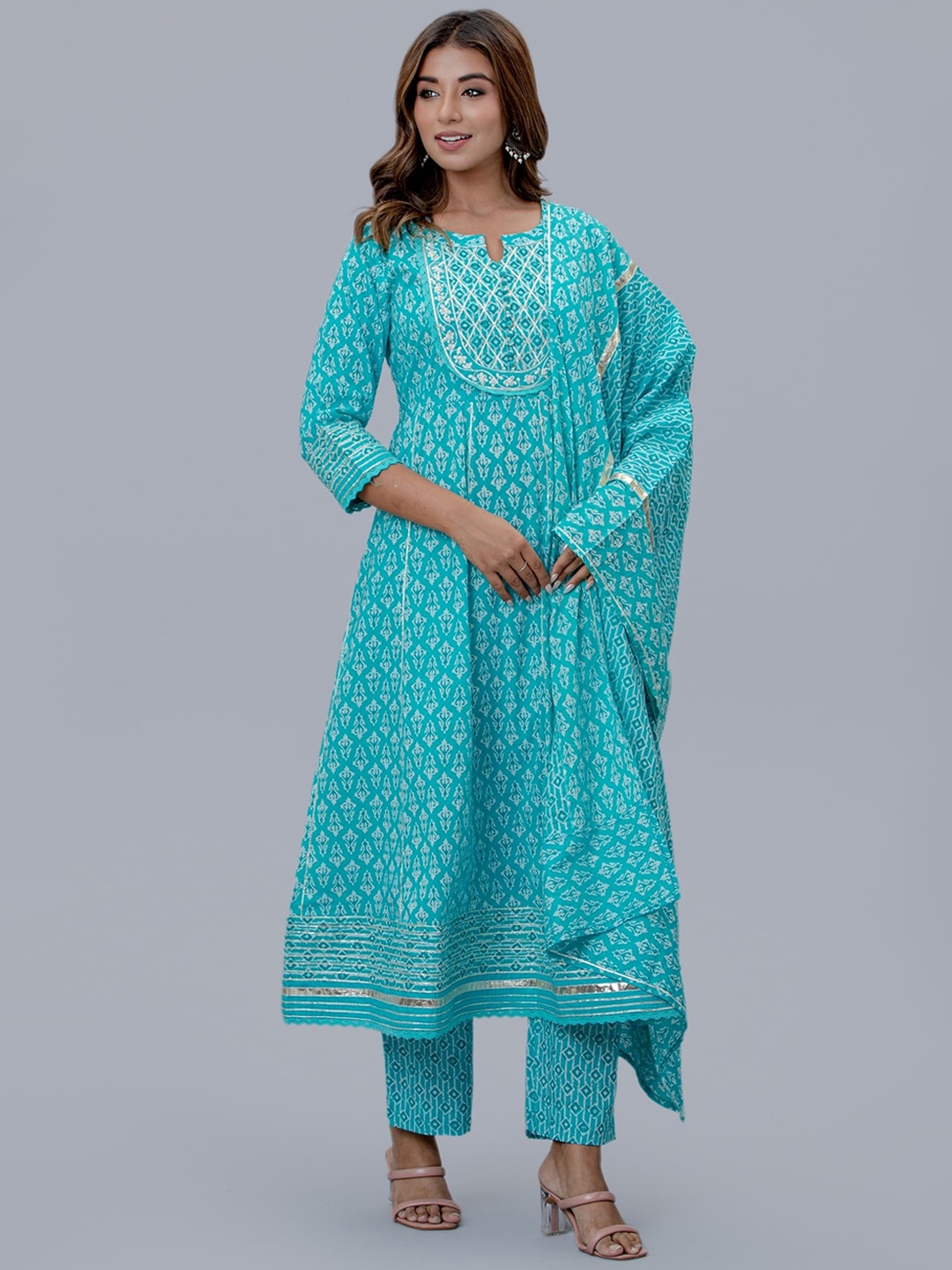 EtnicaWear Women Floral Printed Pleated Pure Cotton Kurta with Trousers & Dupatta, Blue
EtnicaWear Women Floral Printed Pleated Pure Cotton Kurta with Trousers & Dupatta, Blue